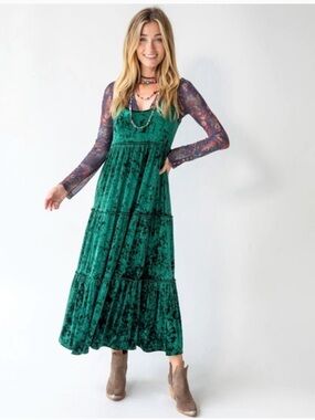 Natural Life Green Velvet Tiered Maxi Dress - Women